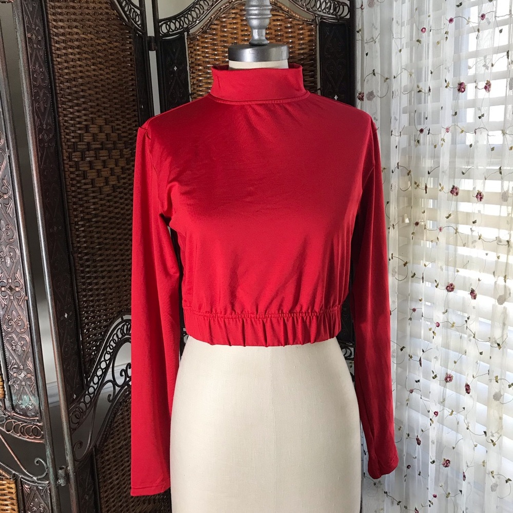 Cropped Mock Neck Long-Sleeve Top in Red